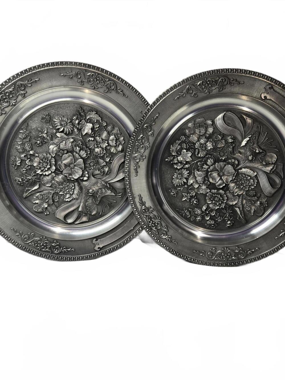 Pair of Vintage WMF Zinn German Pewter Floral Relief Wall Hanging Plates